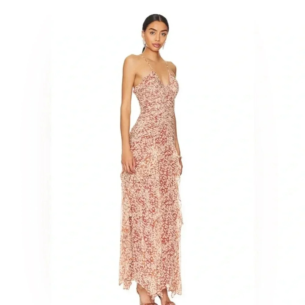 Shona Joy Womens 2 Hala Ruched Frill Maxi Dress in Mango & Oatmeal